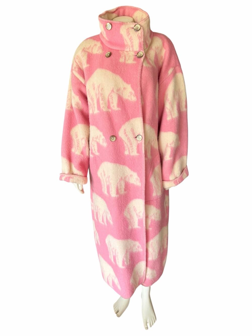 Lillunn Norway Pink White Polar Bear Wool Blanket Coat Scandinavian Vintage XL